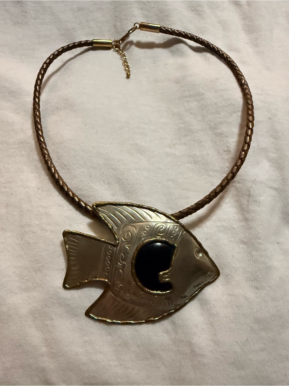 Vtg Studio Barse Thai Bronze Braided Leather Angelfish Statement Necklace